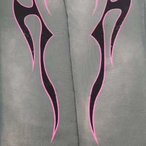 Unknown brand sweatshirt gray fabric with black and pink flame graphic design on front