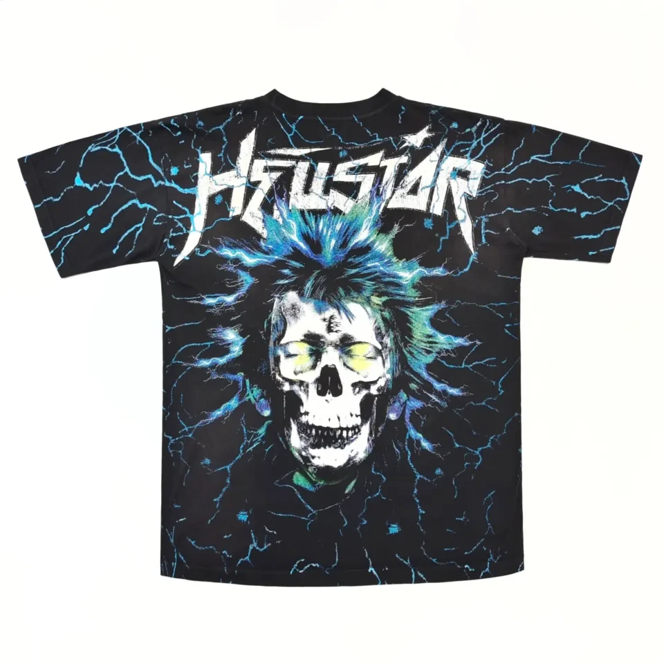 Hellstar Graphic T-shirt black color with skull design and electric blue lightning print made from cotton material