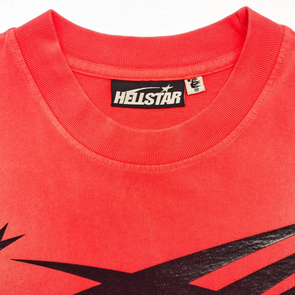 Hellstar graphic T-shirt bright red cotton crew neck with black star print design