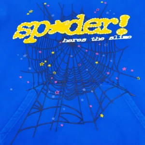 Spider! graphic hoodie blue cotton with yellow dotted text and black spiderweb design with colorful stars