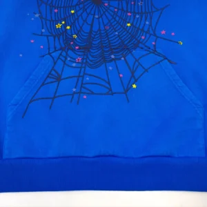 Spider-Man hoodie blue cotton sweatshirt with black spiderweb and colorful star print design