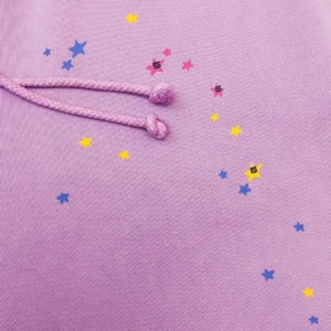Starbucks hoodie purple cotton fabric with multicolor star print and matching drawstring cord