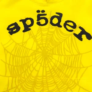 Repsgoat hoodie yellow cotton with black spider web and distorted text logo design