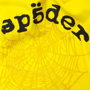 Ap5dea graphic hoodie yellow cotton with black text and subtle spider web design