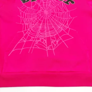 SDER Rose Red Hot Diamond Black Word Legacy Hoodie featuring a spider web design in white on a vibrant pink background.