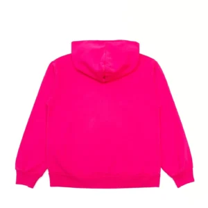 SDER Rose Red Hot Diamond White Word Legacy Hoodie in vibrant pink, showcasing a back view with hood and sleeve details, emphasizing luxury replica apparel.