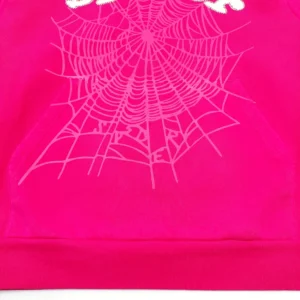 SDER Rose Red Hot Diamond White Word Legacy Hoodie featuring a prominent spider web design in white on a vibrant pink background.