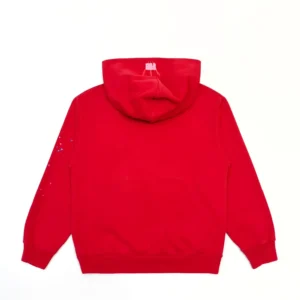 Supreme Hoodie red cotton fleece sweatshirt back view with small printed design on sleeve and hood