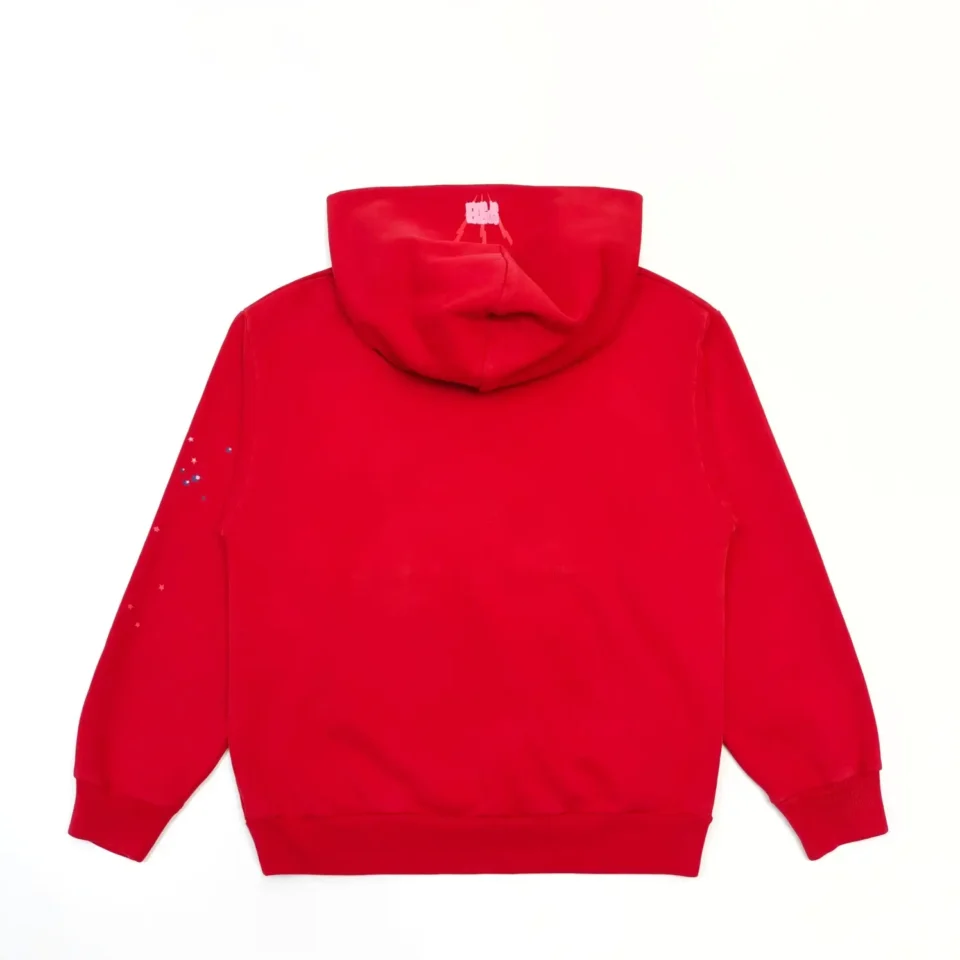 Supreme Hoodie red cotton fleece sweatshirt back view with small printed design on sleeve and hood