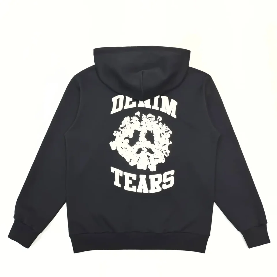 Denim Tears hoodie black cotton sweatshirt with white graphic print and text on back