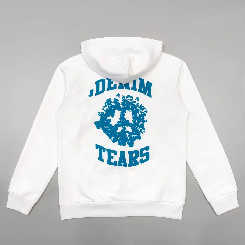 Denim Tears hoodie white cotton with blue floral peace sign and text graphic on back