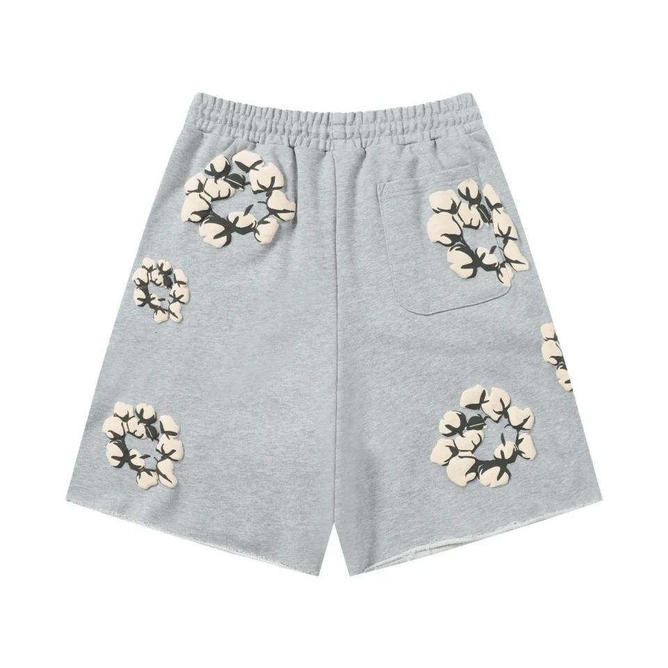 (No brand or product type information is provided for the image of gray cotton shorts with floral patterns. Please provide brand and product details for accurate SEO alt text.)