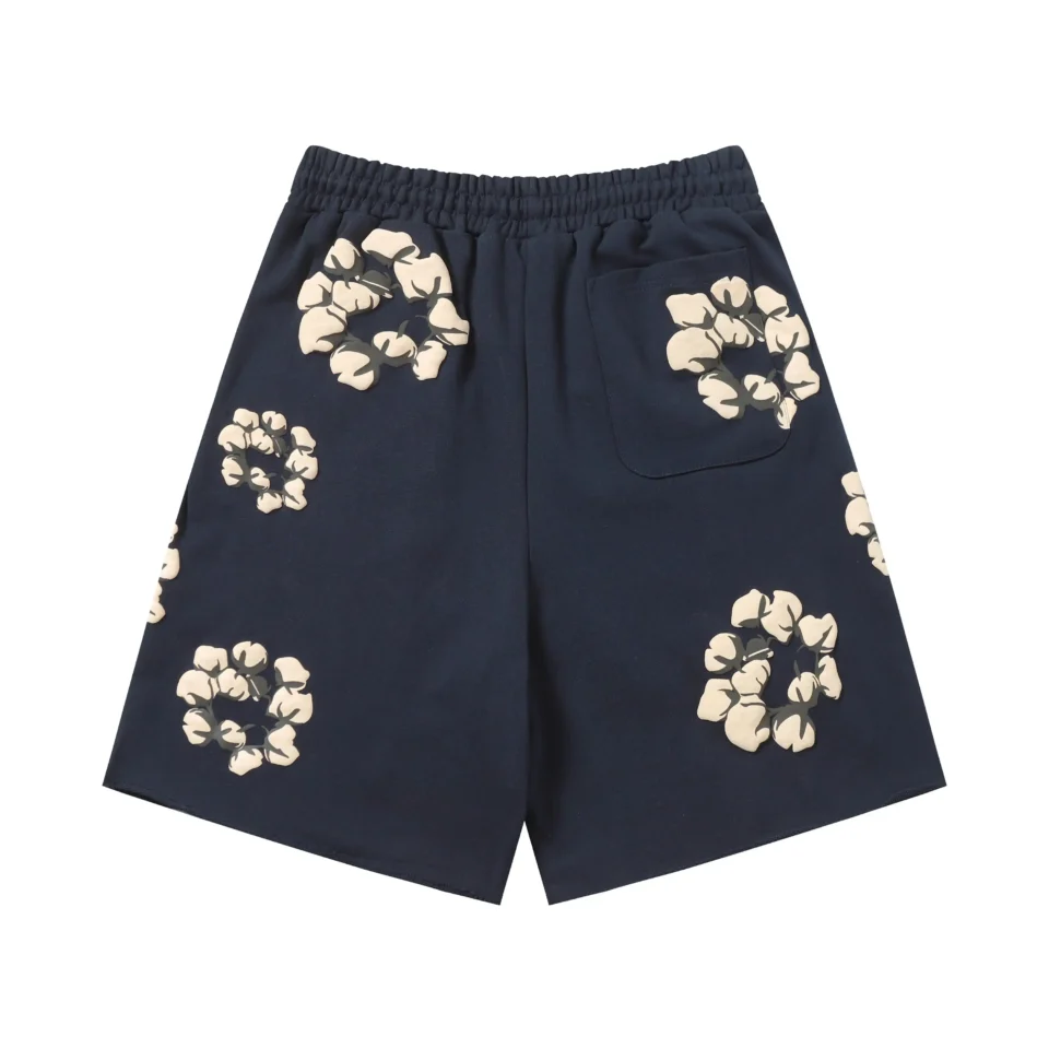 Repsgoat shorts navy blue cotton with beige floral print elastic waistband back pocket