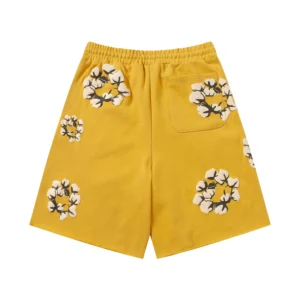 Repsgoat cotton shorts yellow color with white and black floral prints and elastic waistband