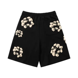 Assc shorts black cotton cream floral pattern elastic waist shorts