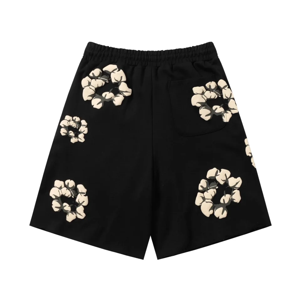 Assc shorts black cotton cream floral pattern elastic waist shorts