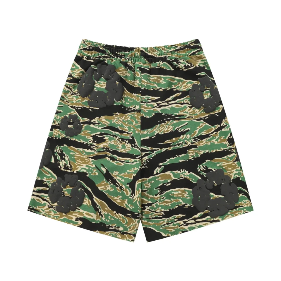 Bape tiger camo shorts green black beige cotton blend with black applique logo patches