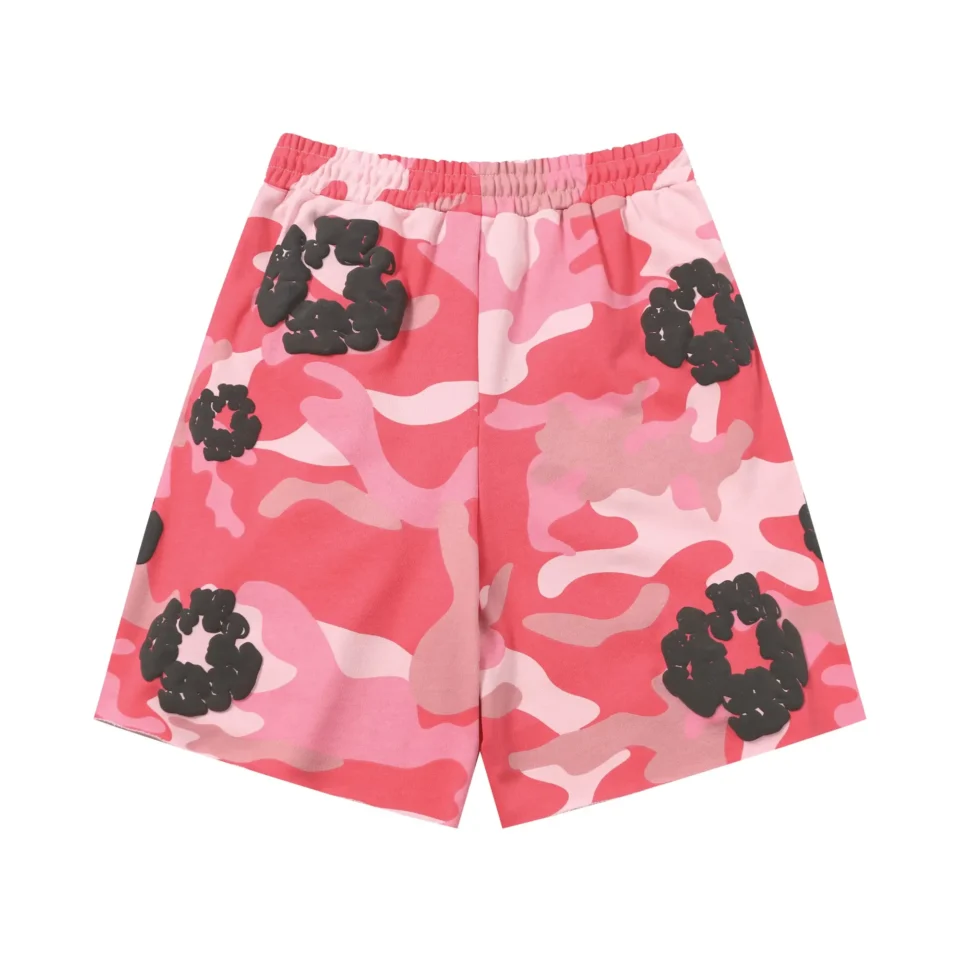 Bape shorts pink red camo cotton fabric with black logo pattern elastic waist summer wear