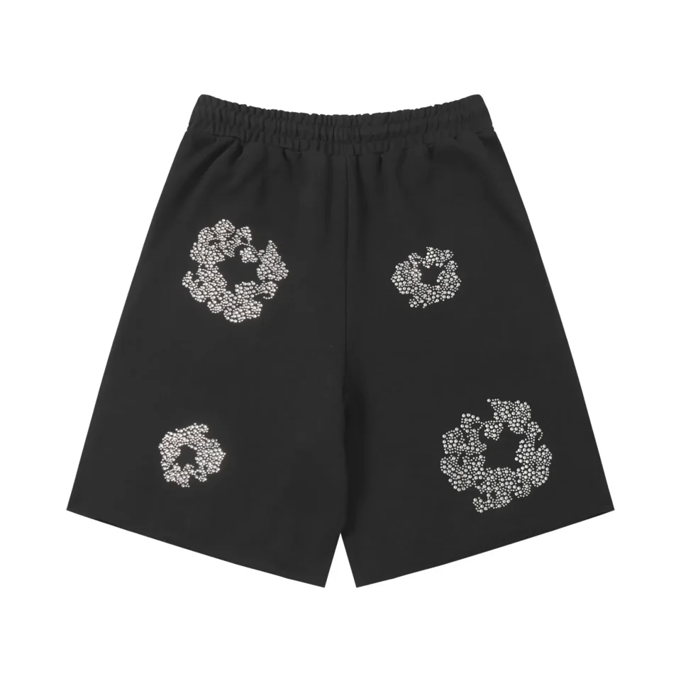 Represent black shorts with white floral rhinestone embellishments elastic waistband cotton material