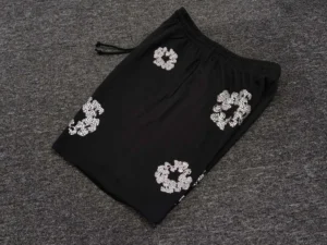 No brand visible black shorts with silver floral embellishments and adjustable drawstring waistband