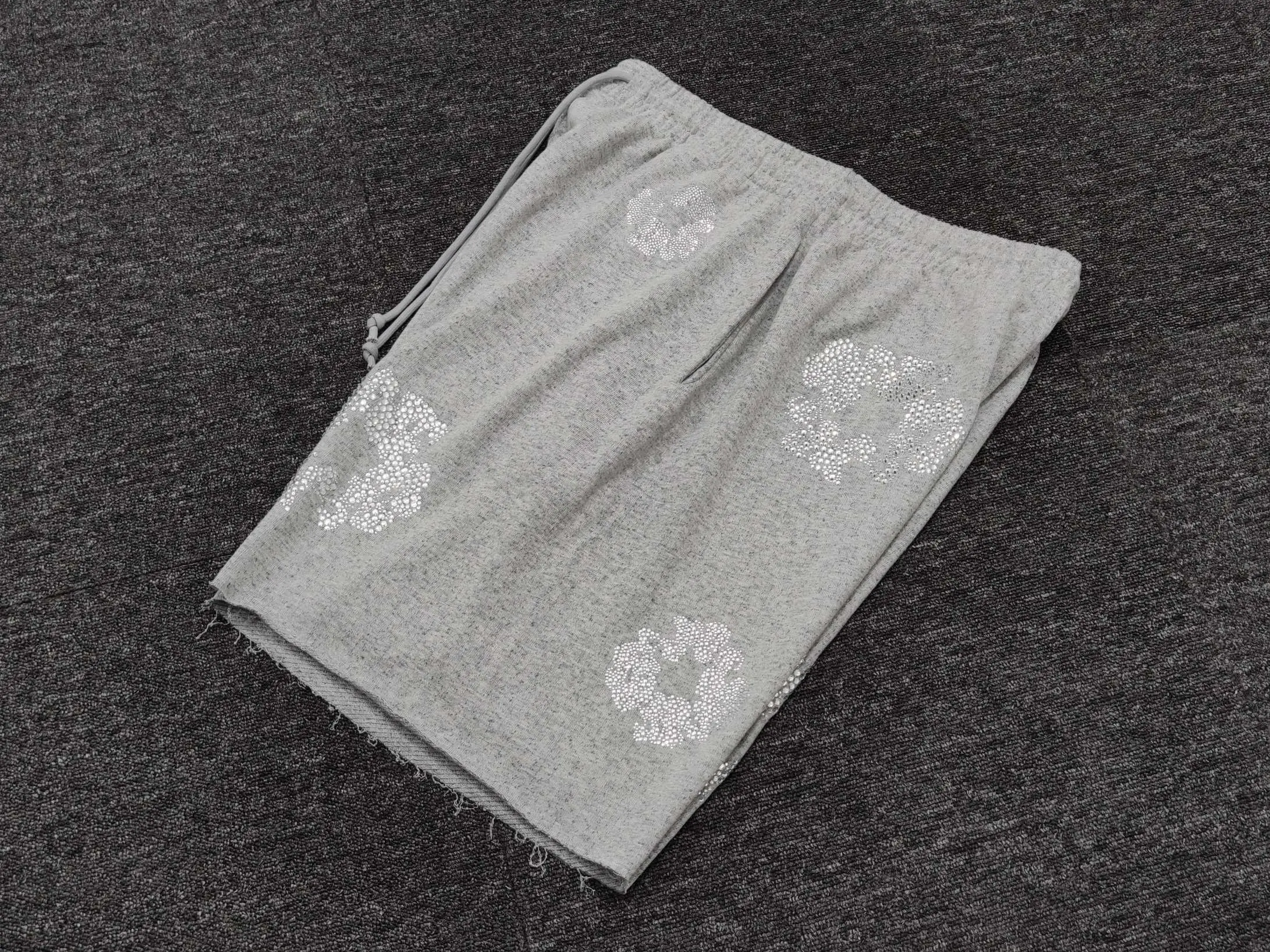 Replica shorts gray cotton blend fabric white rhinestone floral design elastic waist