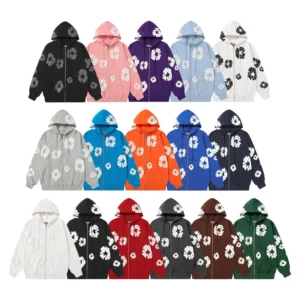 DENIM TEARS Cotton Flower hooded sweatshirts in various colors including black, white, grey, blue, orange, and red, featuring floral designs, displayed in a grid format.