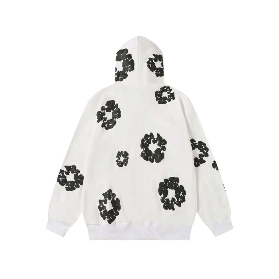 Unknown brand white hoodie with black abstract circular patterns cotton fabric