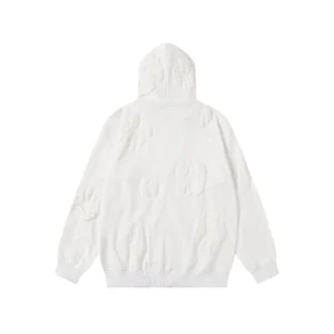 No brand name provided for this white hoodie with textured circular patterns on fabric material