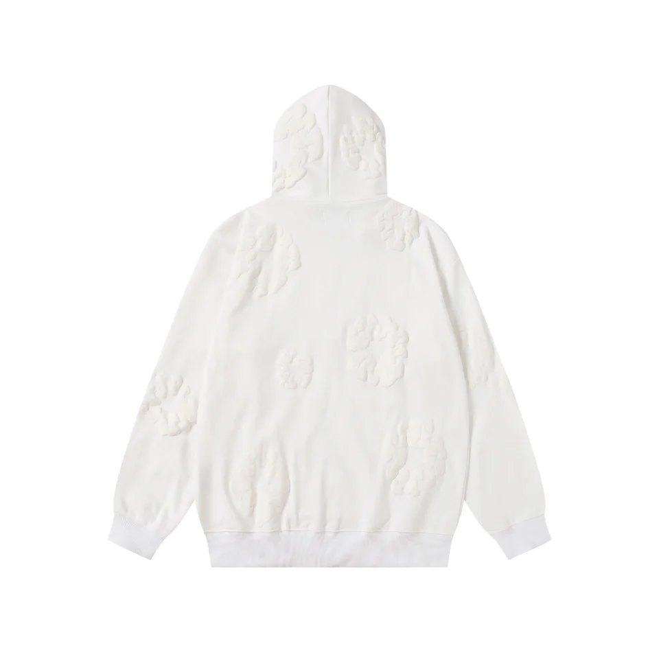 No brand name provided for this white hoodie with textured circular patterns on fabric material