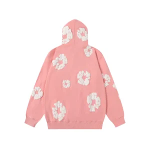 Pink hoodie from Denim Tears featuring a floral design, showcasing eco-friendly fabric and stylish aesthetics, part of the Cotton Flower collection.