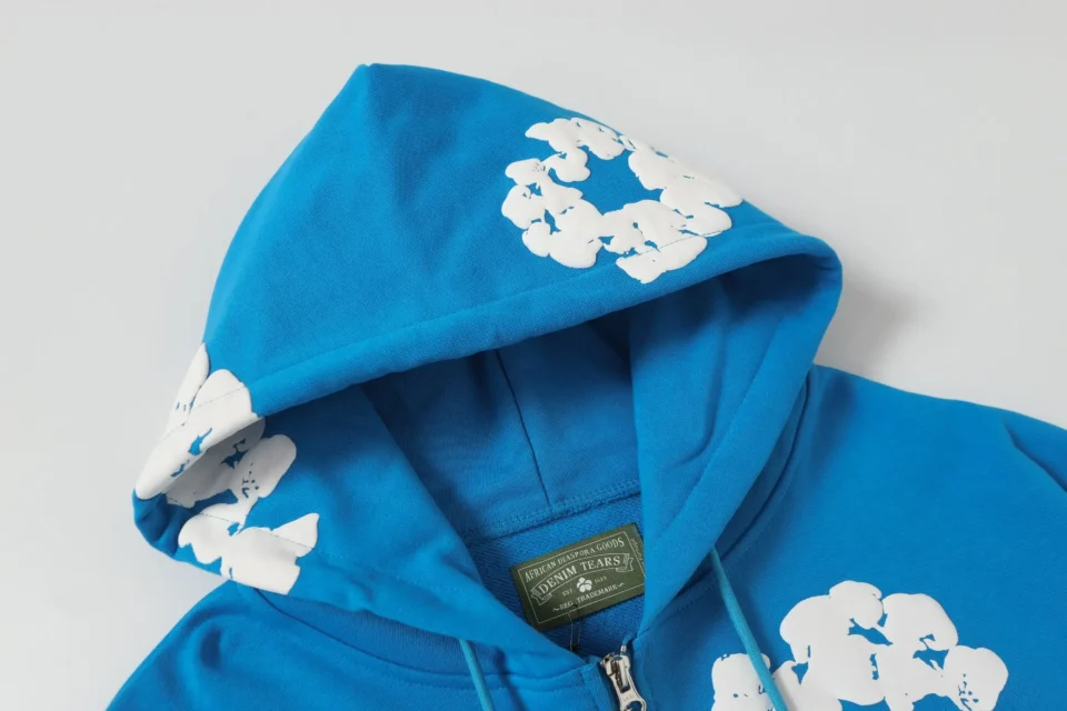 Denim Tears hoodie blue cotton fabric white floral graphics zip-up sweatshirt