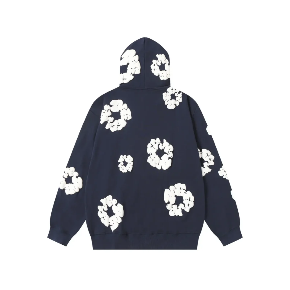 No brand visible hoodie navy blue cotton with white abstract floral print