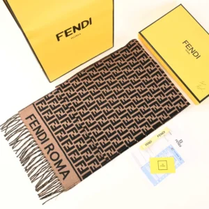 Fendi FD Old Flower Small FF Tassel Long Scarf displayed with Fendi packaging, featuring a full print pattern, tassels, and "FENDI ROMA" text, highlighting luxury accessory details.