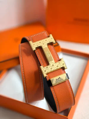 Hermes belt orange leather gold-tone H buckle detailed engraving accessory