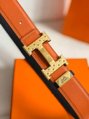 Hermes belt orange leather strap gold-tone H buckle designer accessory