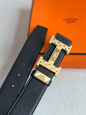 Hermes belt black leather gold-tone engraved H buckle luxury accessory