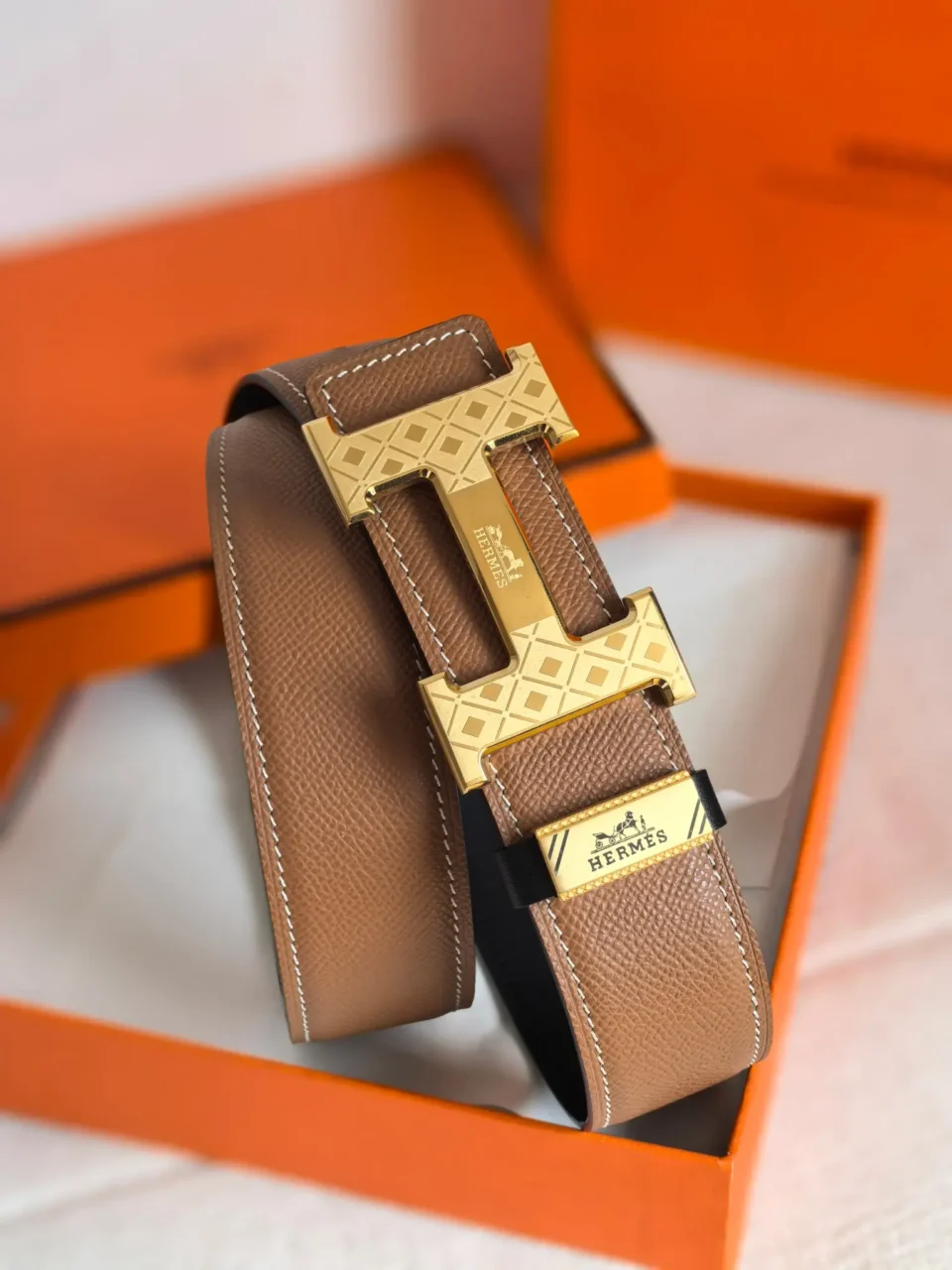 Hermès belt brown leather gold-tone engraved H buckle luxury accessory