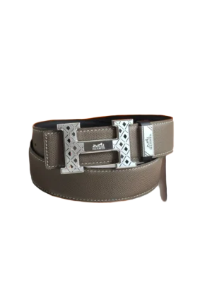 Hermes belt taupe leather silver metal H buckle accessory