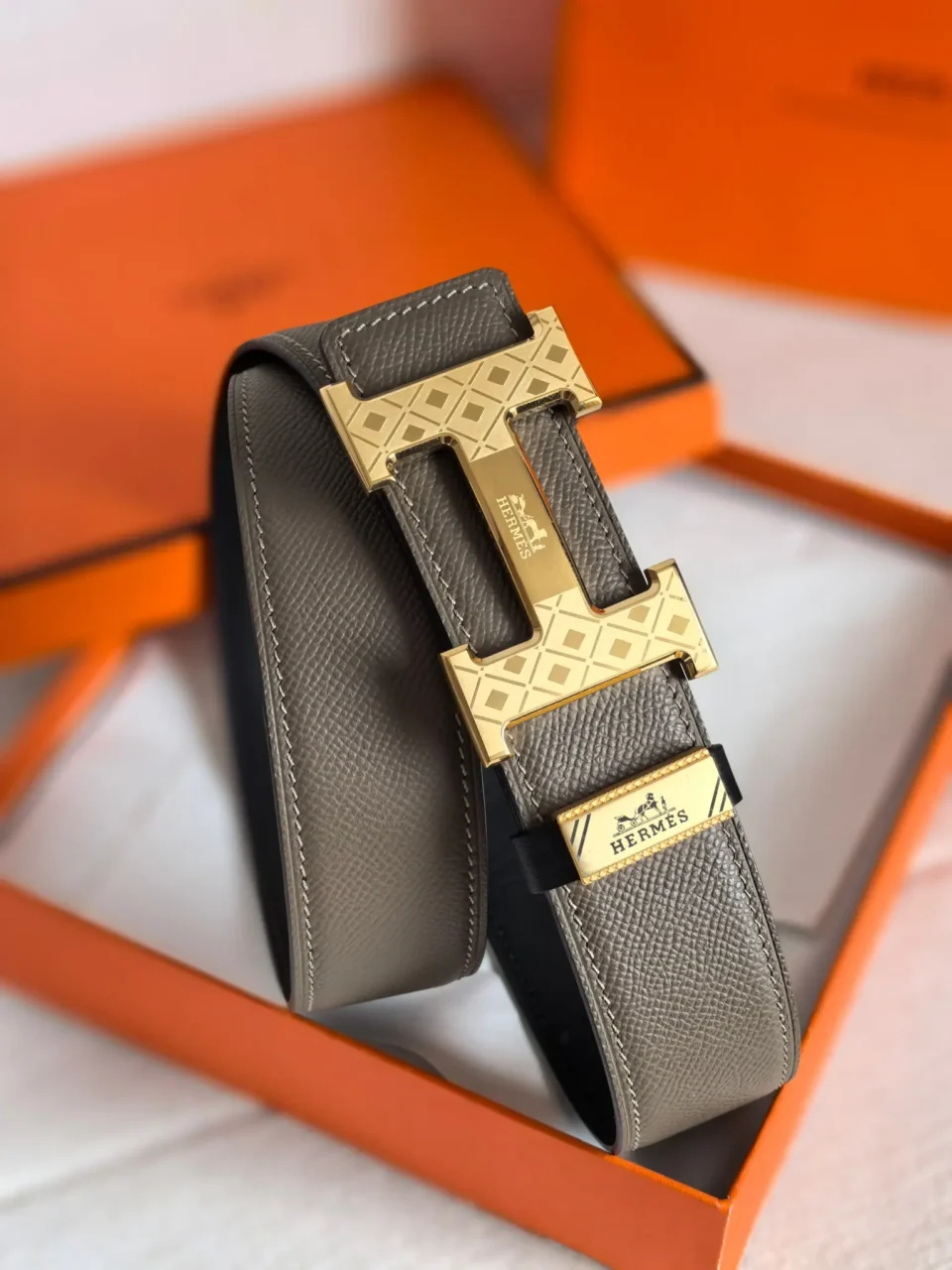 Hermes belt grey leather gold-tone engraved H buckle luxury accessory