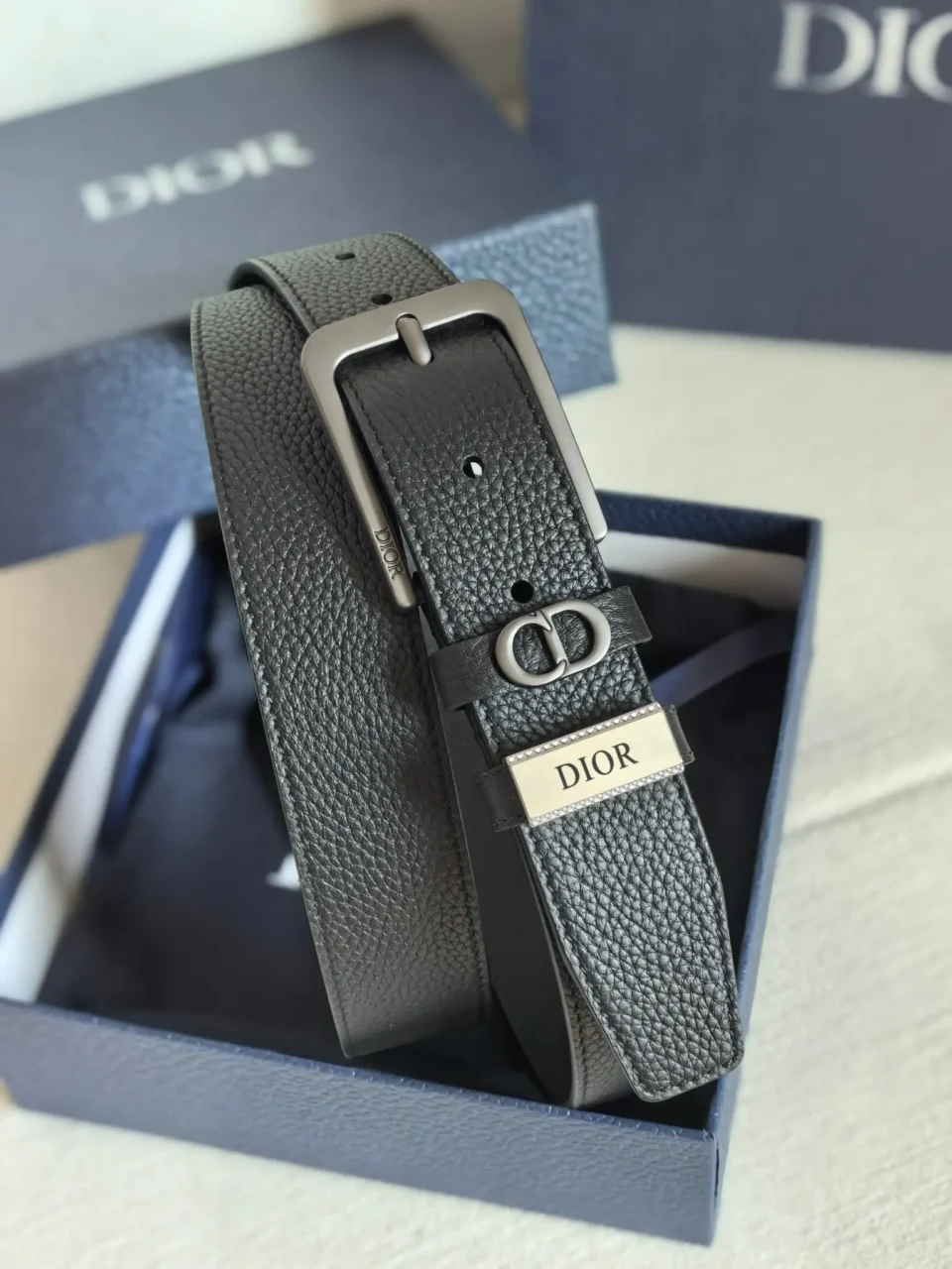 Dior leather belt black textured calfskin silver metal buckle accessory