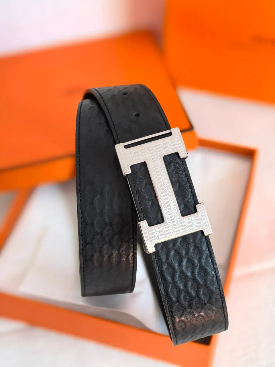 Hermès leather belt black textured silver-tone H buckle accessory