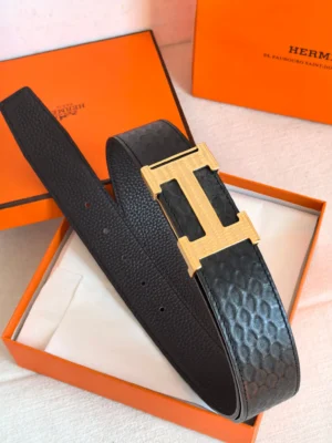 Hermes belt black textured leather belt gold H buckle accessory luxury fashion