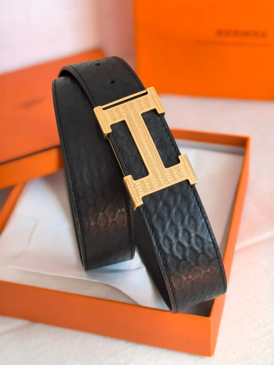 Hermes belt black textured leather gold-tone H buckle accessory