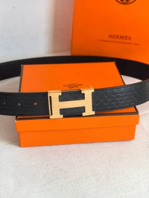Hermes belt black textured leather gold H buckle accessory with orange box packaging