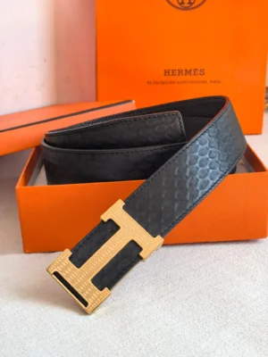Hermes belt black textured leather with gold H buckle luxury designer accessory