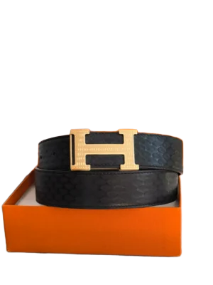 Hermes belt black leather gold-tone H buckle accessory