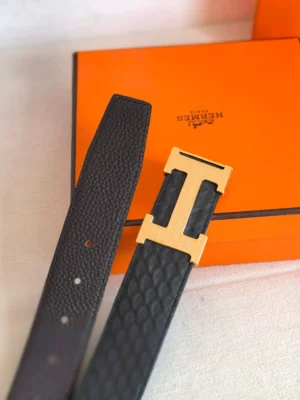 Hermes belt black leather gold-tone H buckle luxury accessory
