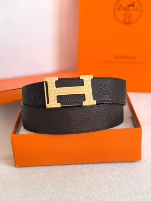 Hermes belt black leather gold tone H buckle accessory