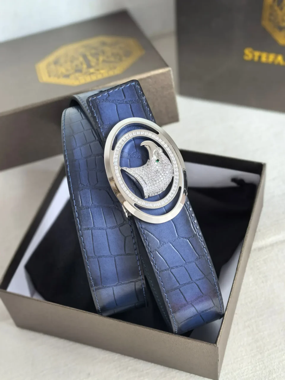 Stefano Ricci belt blue crocodile leather silver buckle with diamond embellished eagle detail accessory