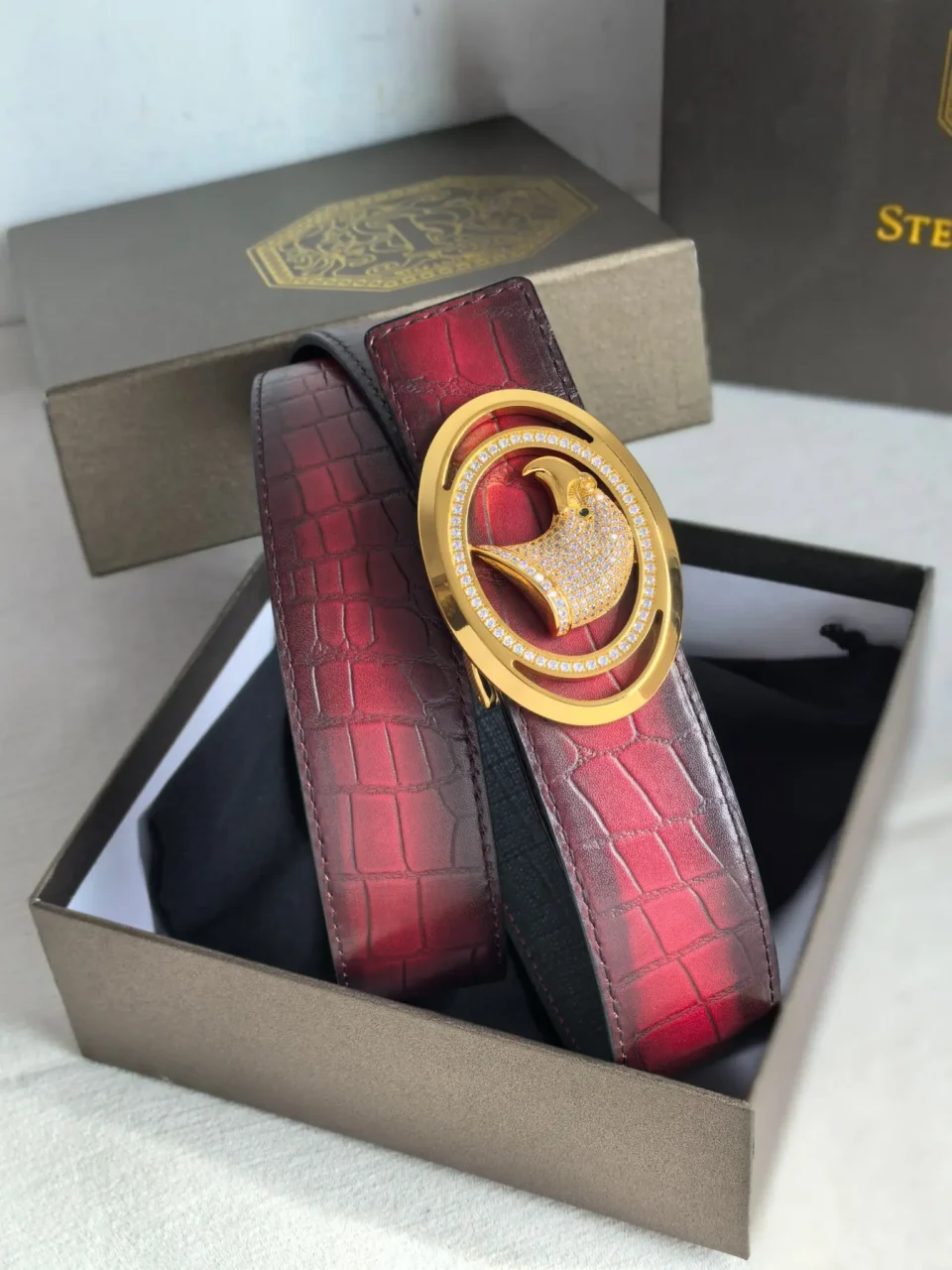 Sterling belt red croc-embossed leather gold eagle buckle accessory